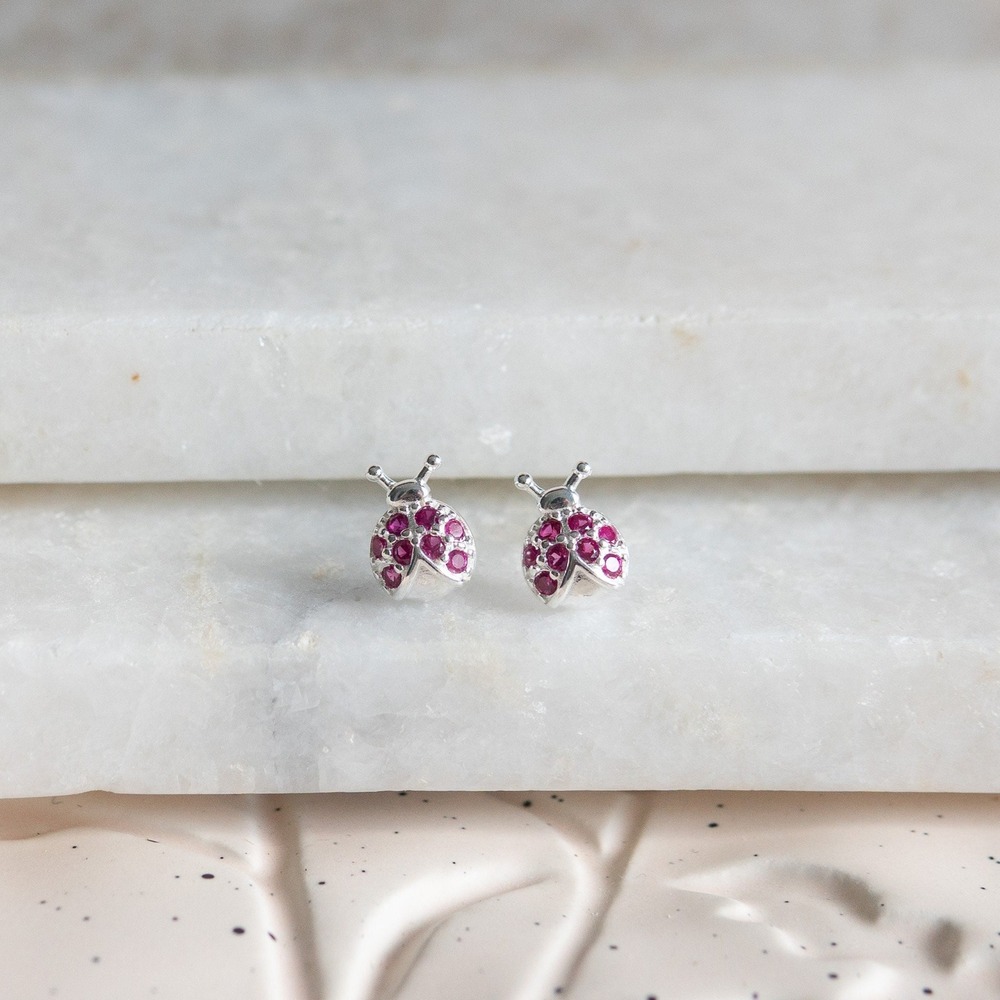 Sterling Silver Ladybug Stud Earrings: Red Cubic Zirconia, Whimsical Jewelry
